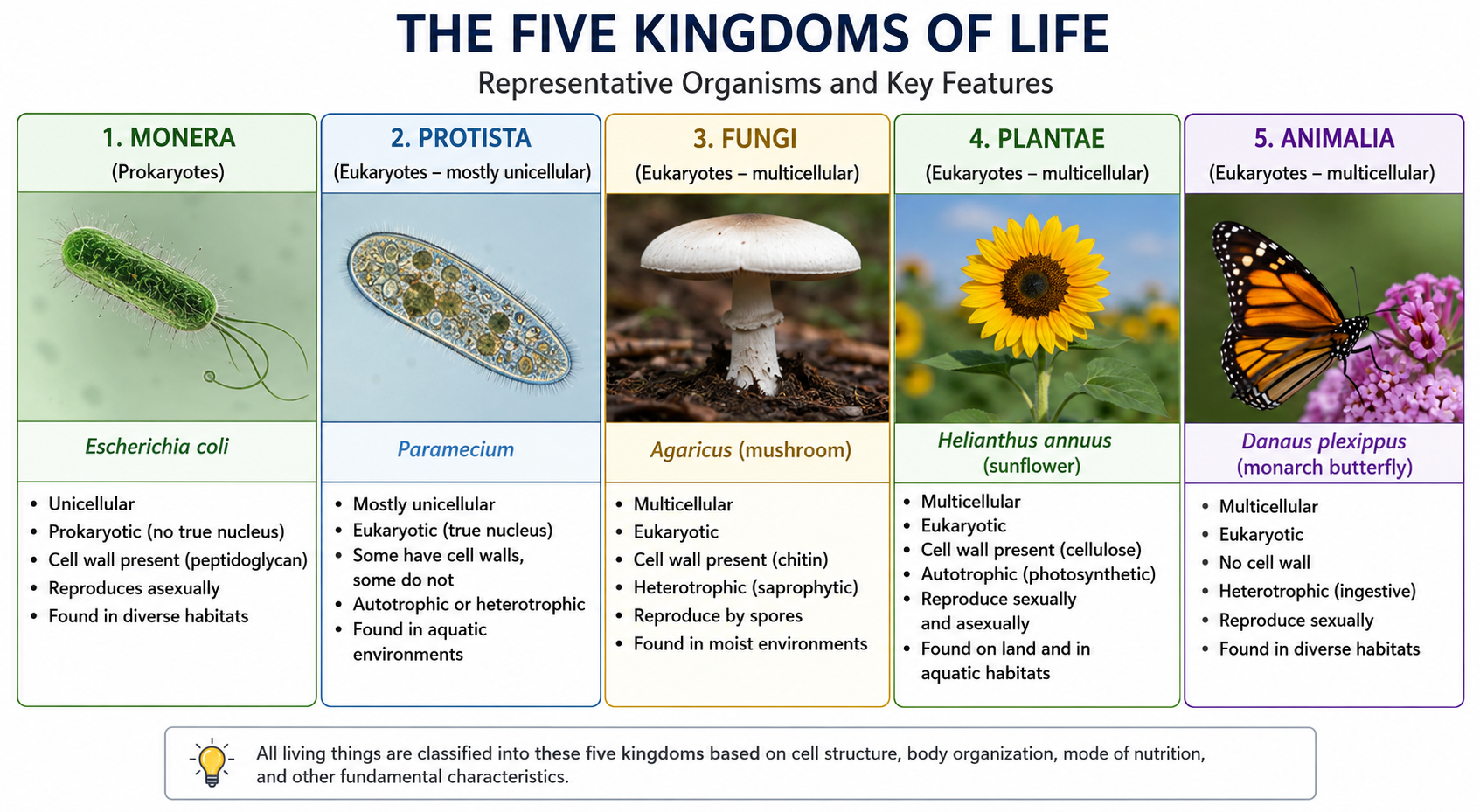 Labelled comparison of representative organisms from the five kingdoms