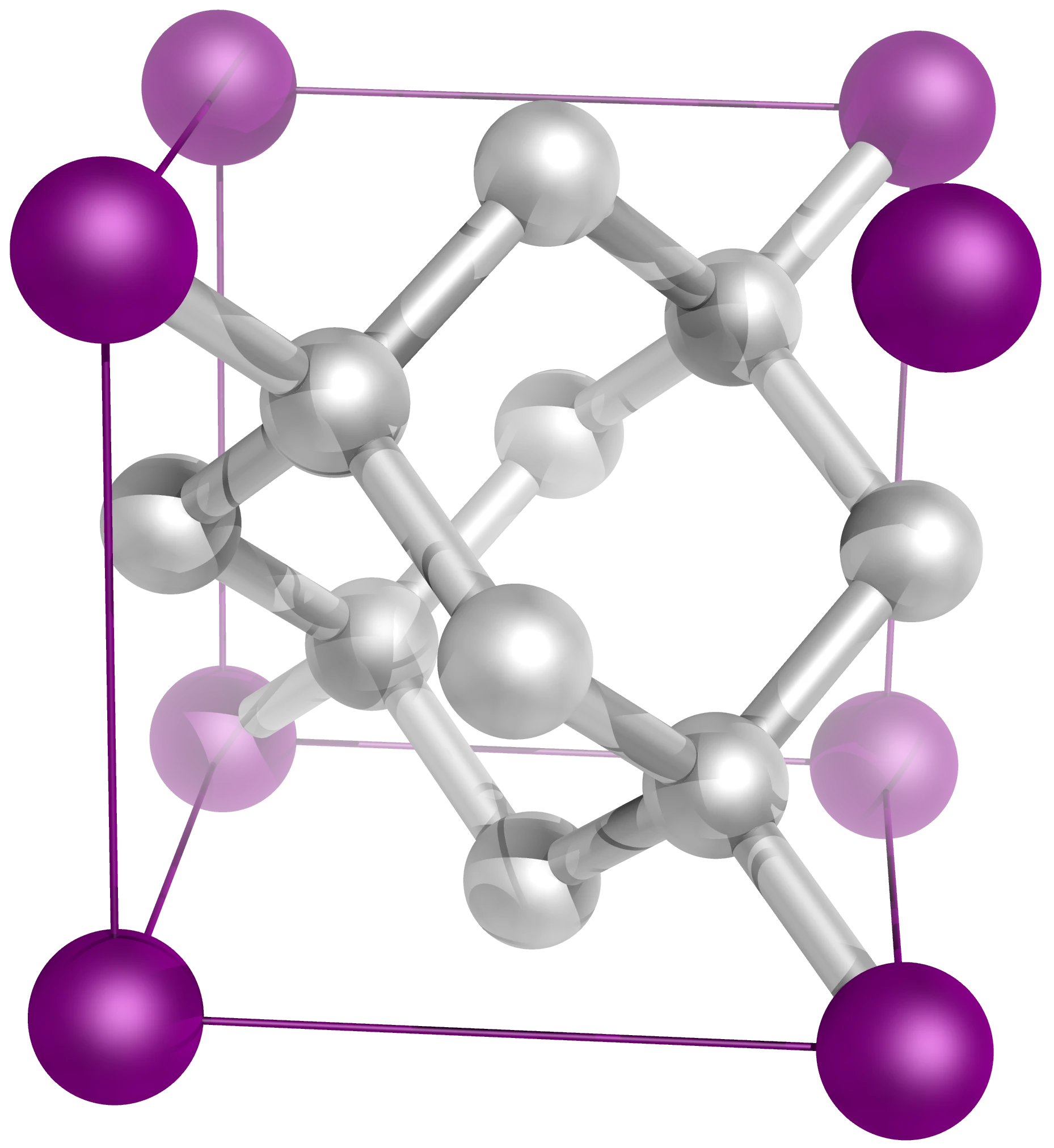 Ball-and-stick model of the diamond crystal lattice showing the tetrahedral bonding network, where each carbon atom bonds to four others