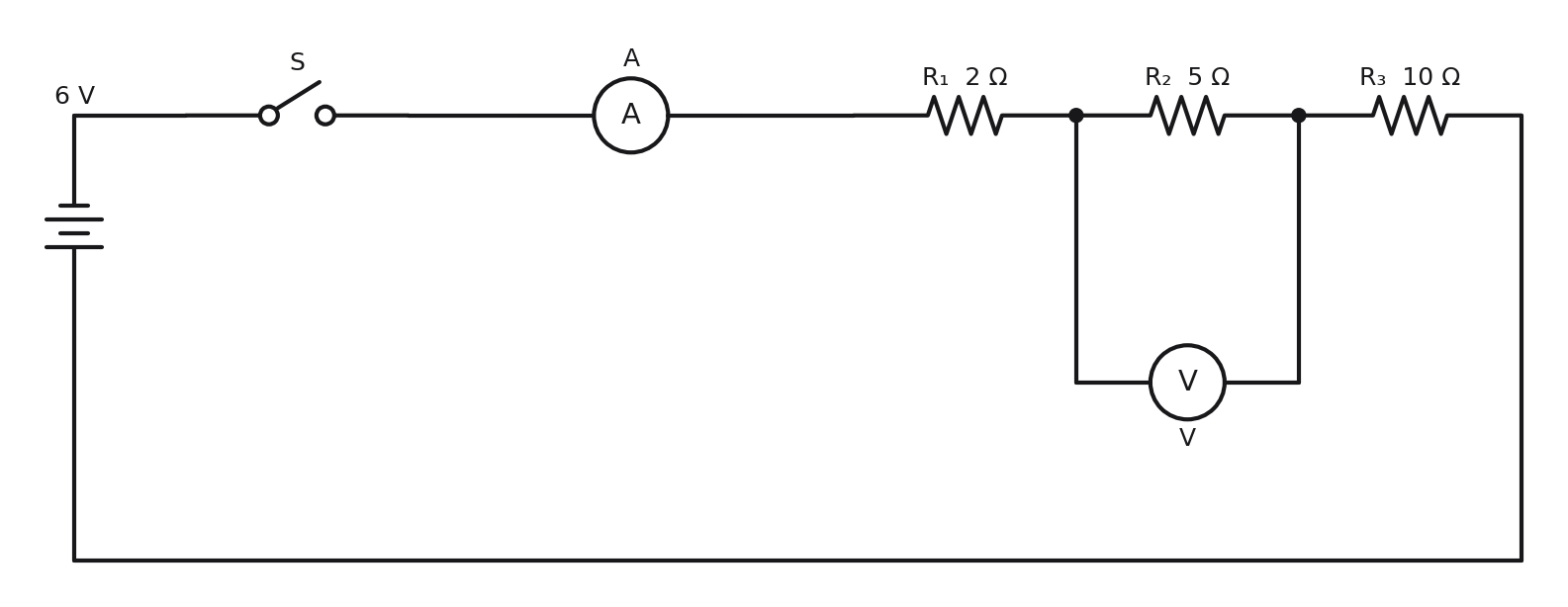 Series circuit diagram: a 6 V battery and switch connected in series with an ammeter (A) and three resistors R1 (2 ohm), R2 (5 ohm), and R3 (10 ohm) in a single loop; a voltmeter (V) is connected in parallel across R2