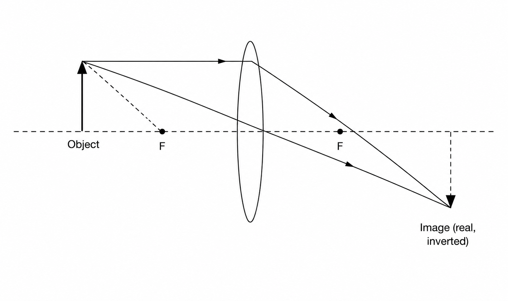 Diagram of a converging (convex) lens showing parallel rays entering from the left, refracting through the lens, and converging to the principal focus F on the right; the optical centre and principal axis are labelled, and the focal length f is marked as the distance from the optical centre to F